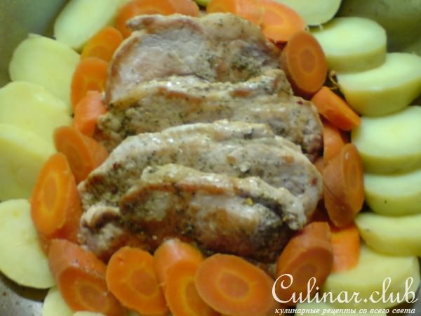 Мясо с овощами под грибным соусом