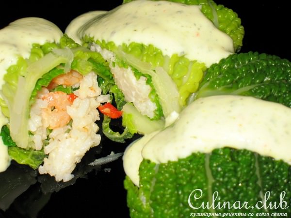 Голубцы из савойской капусты с креветками. Холодная закуска