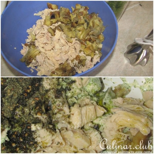 Порционный салат из куриной грудки и запеченых баклажанов