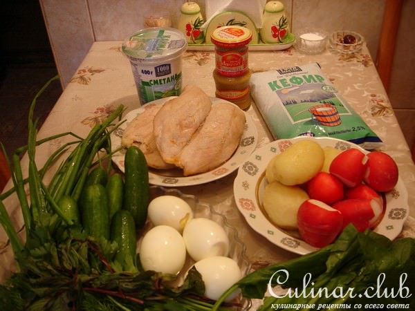 Окрошка на кефире с курицей и шпинатом